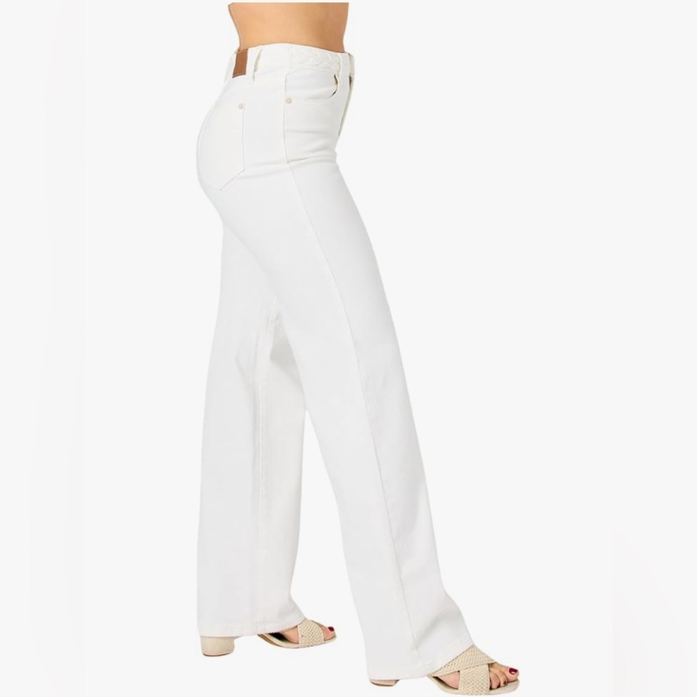 NEW JUDY BLUE braided high waist band wide leg jean in white 28 - Picture 5 of 9